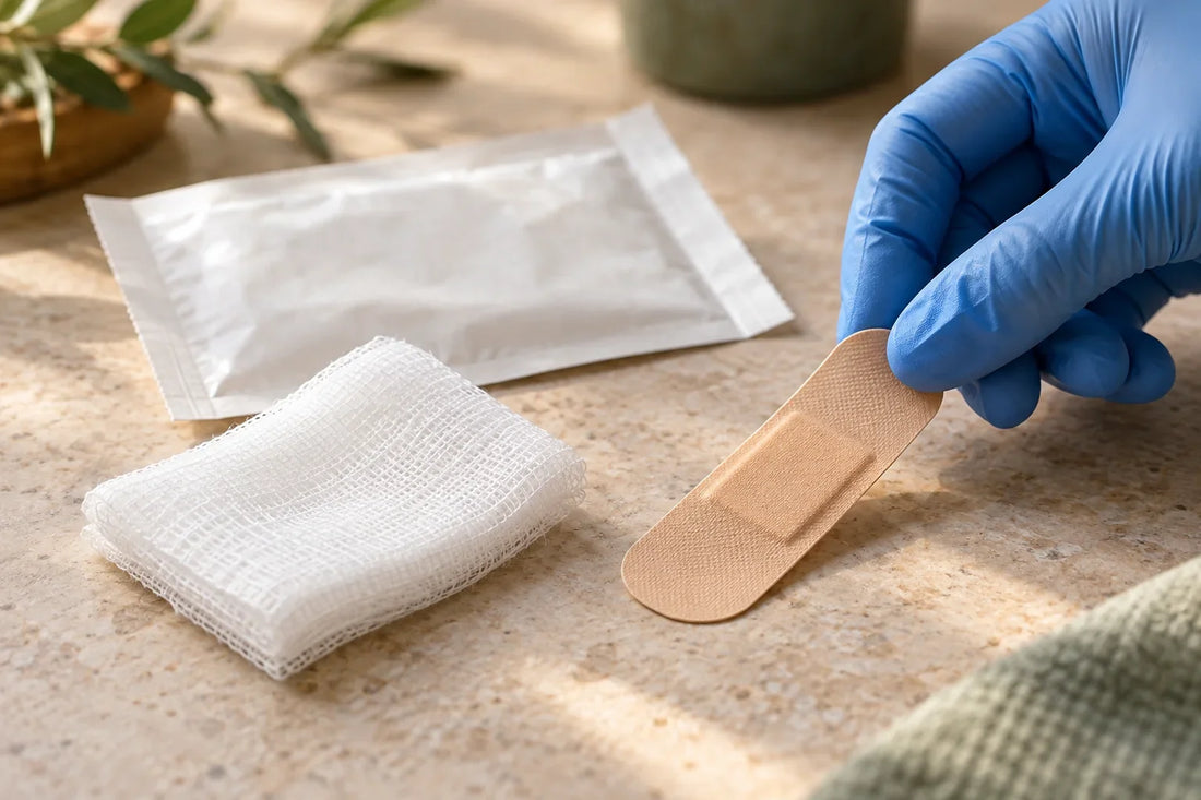 Compresses et pansements propres préparés pour les premiers soins.