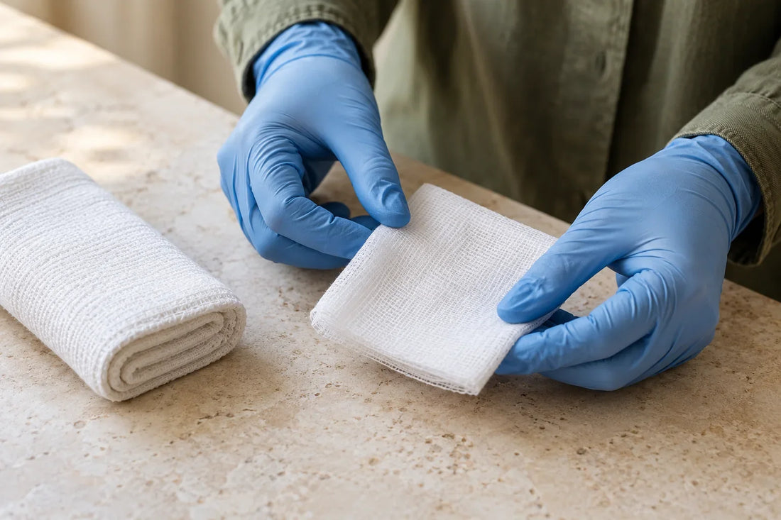 Mains gantées préparant des compresses propres sur une table.